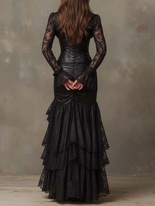 Black Faux Leather Corset Maxi Dress With Lace Sleeves