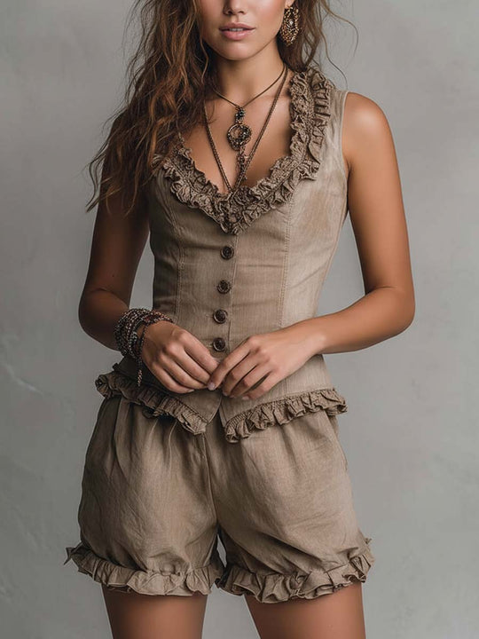Classic Tencel Denim Ruffled Vest & Shorts Set