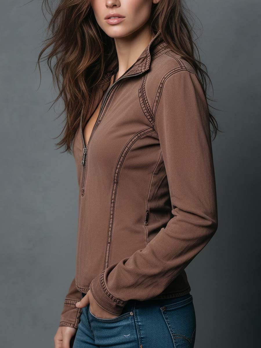 Vintage Washed Denim Quarter-Zip Top