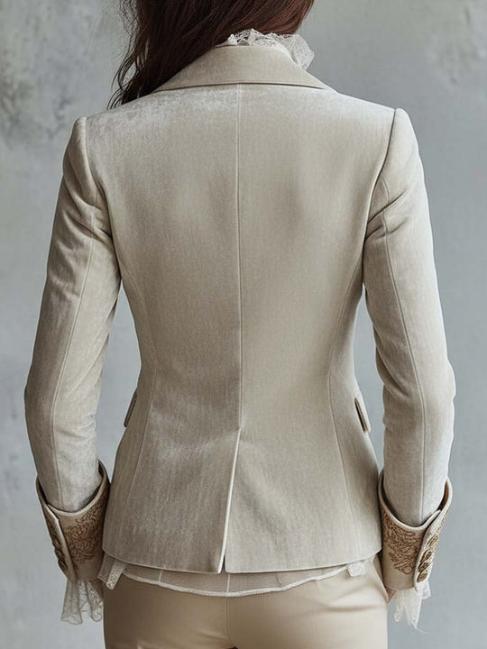 Ivory Velvet Embroidered Blazer With Lace Cuffs