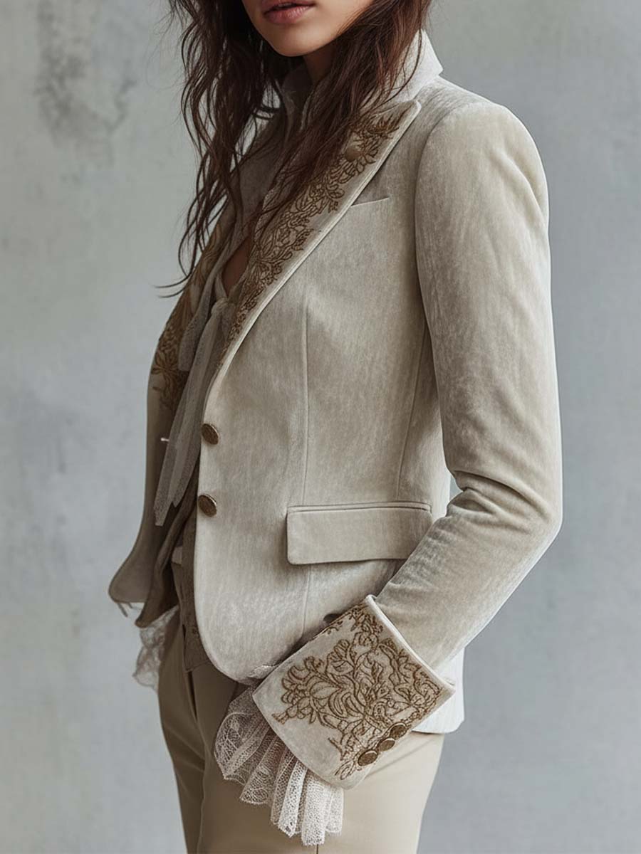 Ivory Velvet Embroidered Blazer With Lace Cuffs