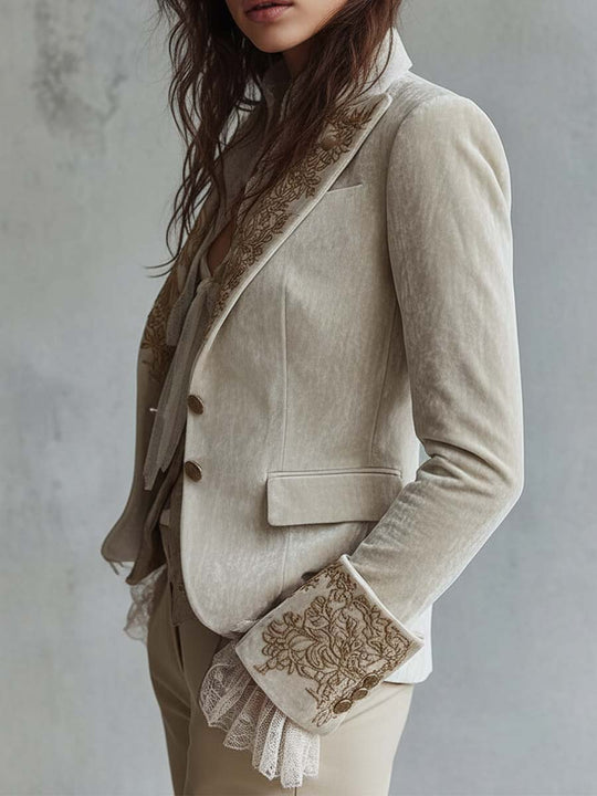 Ivory Velvet Embroidered Blazer With Lace Cuffs