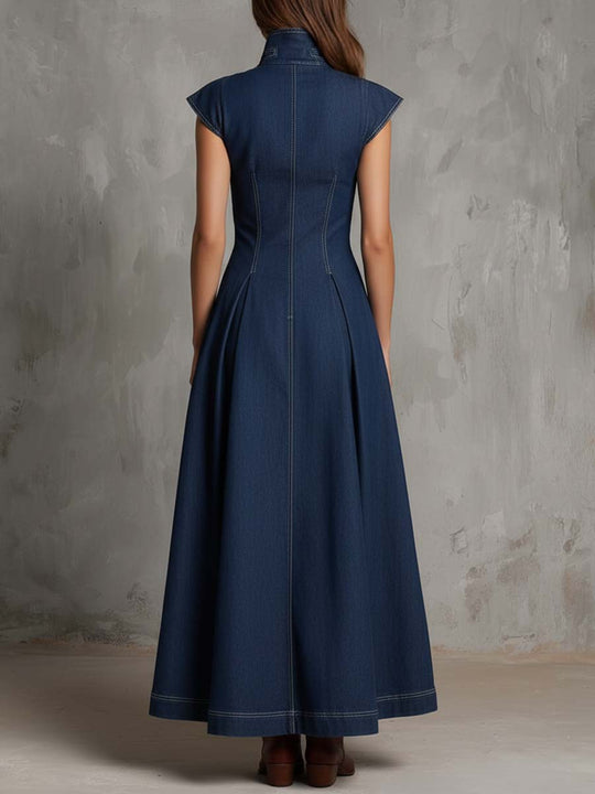 Vintage Denim Zip-Front Maxi Dress