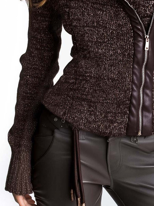 Brown Asymmetrical Zip Ribbed Knit Jacket
