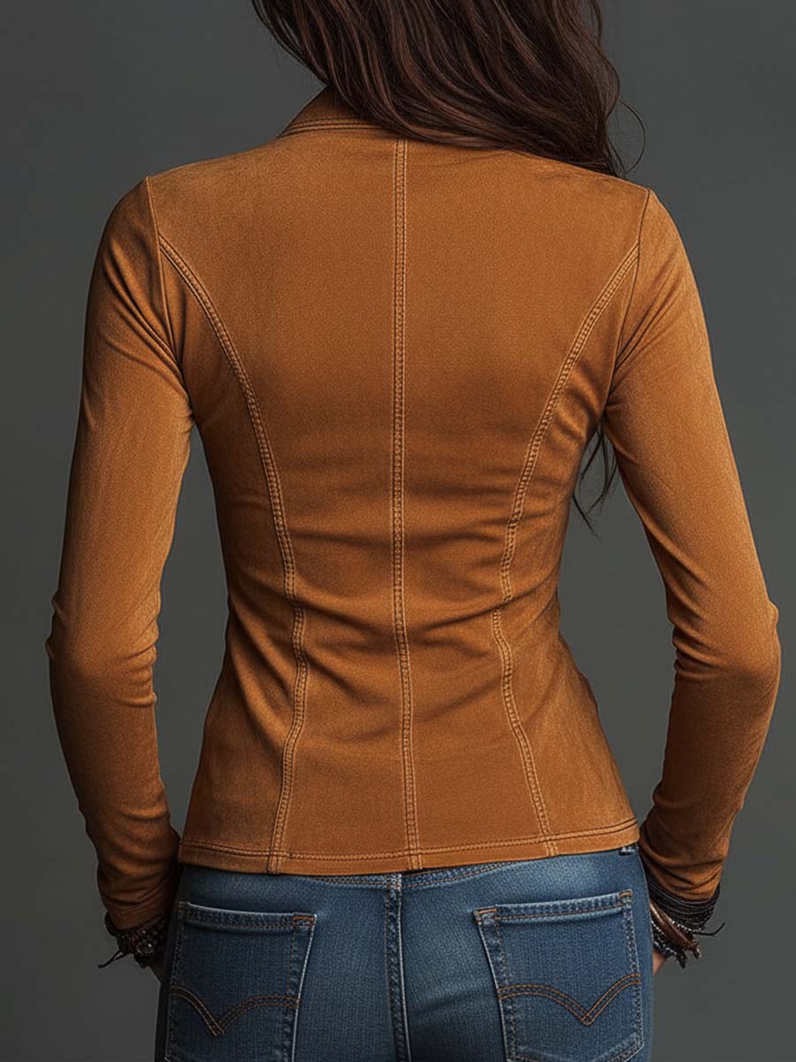 Washed Camel Cotton Denim Zip-Up Fitted Top With Utility Pockets