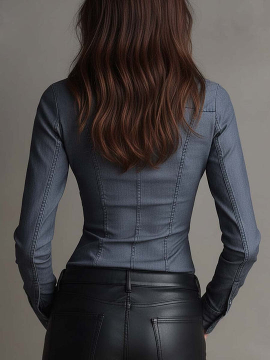 Pure Cotton Denim Fitted Shirt With Ruched Waist