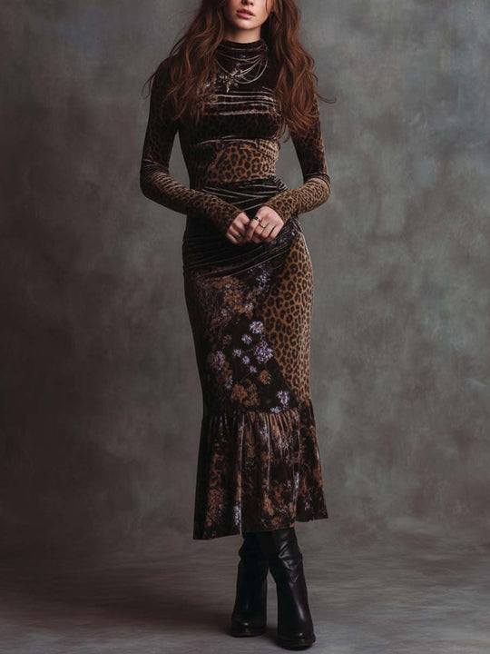 Retro Gothic Leopard Print And Floral Patchwork Velvet Maxi Dress