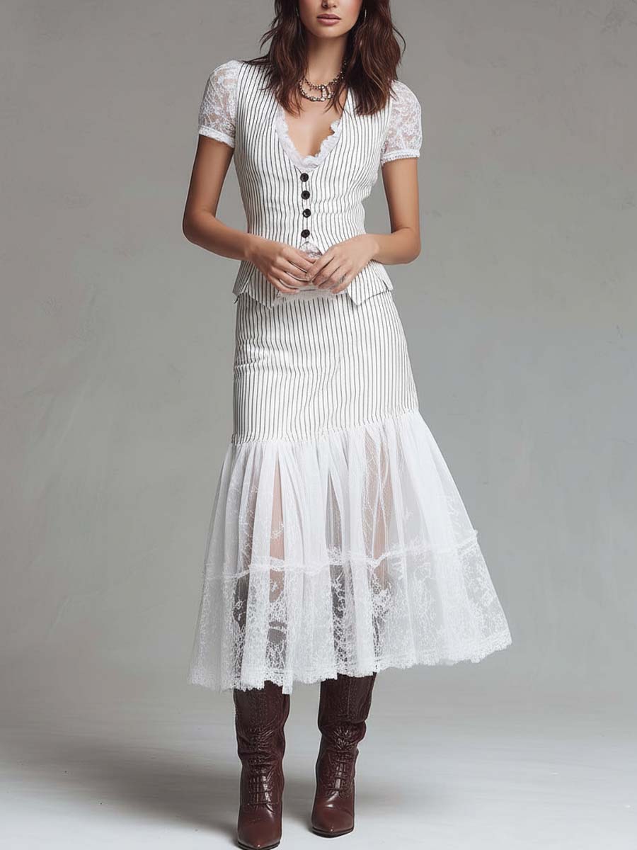 Classic Pinstripe Lace-Panel Vest & Midi Skirt Set