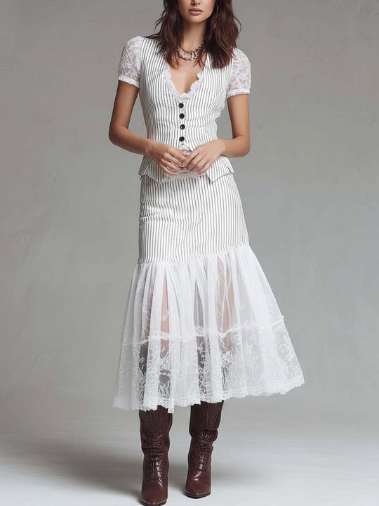 Classic Pinstripe Lace-Panel Vest & Midi Skirt Set