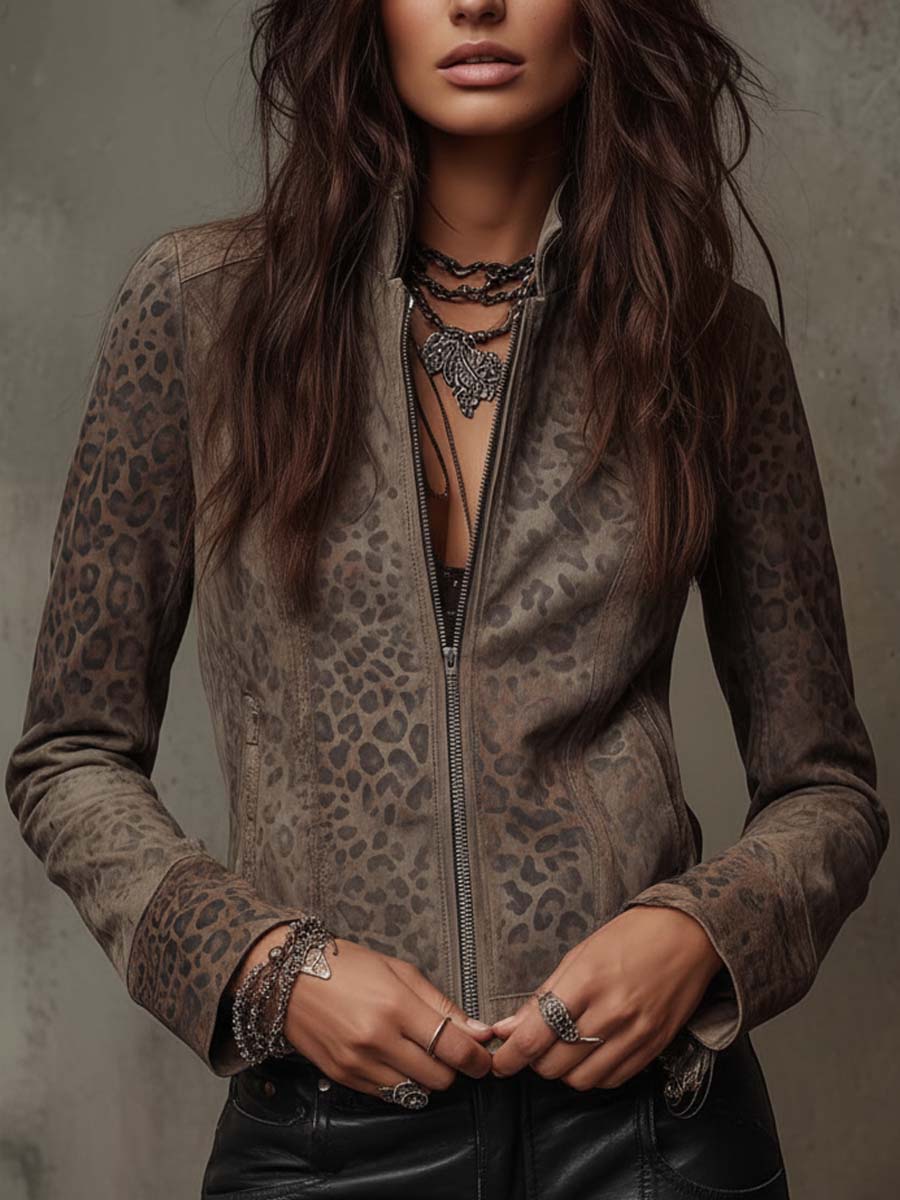 Vintage Leopard-Print Eco-Suede Jacket
