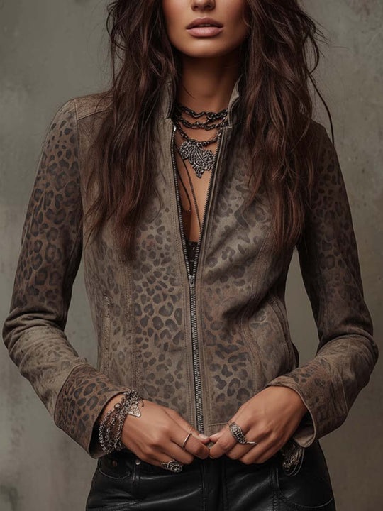 Vintage Leopard-Print Eco-Suede Jacket