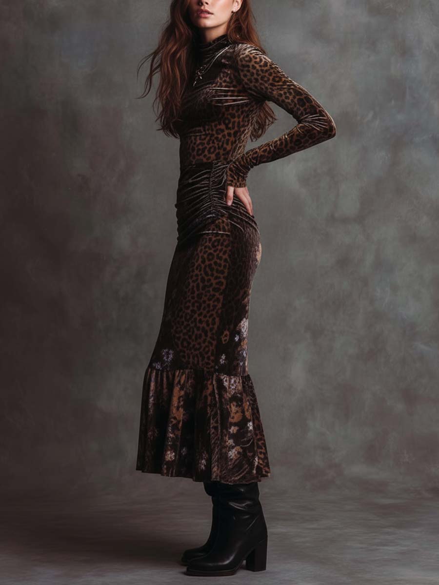 Retro Gothic Leopard Print And Floral Patchwork Velvet Maxi Dress