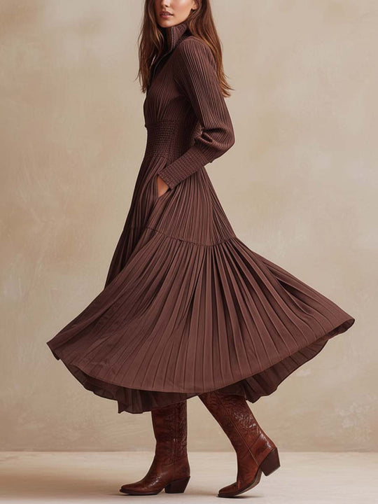 Smocked Pleated Zip-Front Midi Dress