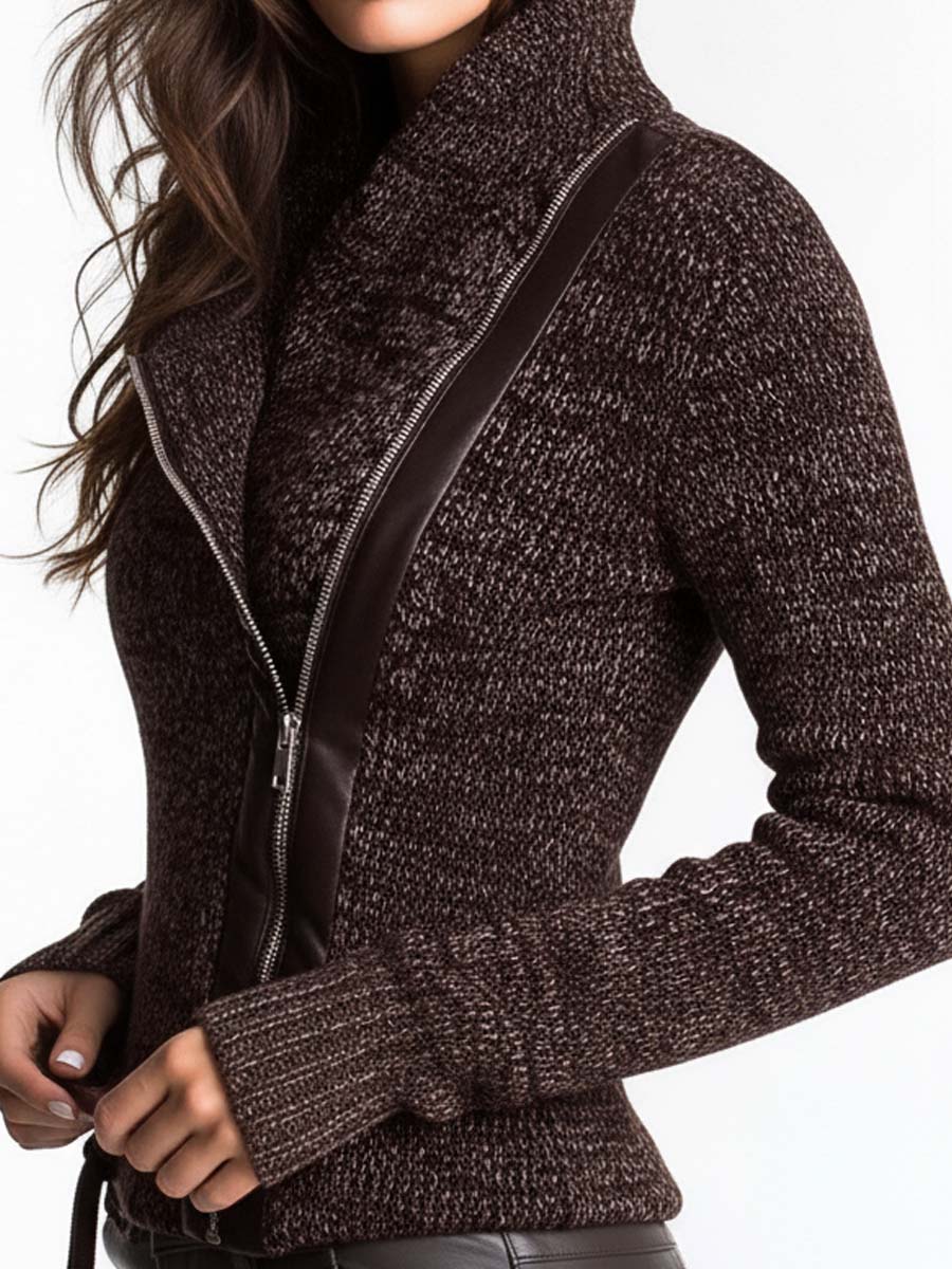 Brown Asymmetrical Zip Ribbed Knit Jacket