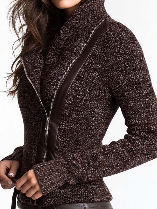 Brown Asymmetrical Zip Ribbed Knit Jacket