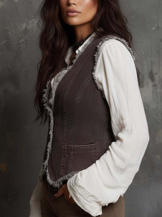 Vintage Washed Pure-Cotton Denim Vest