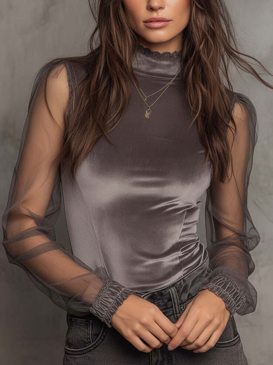 Velvet Mesh Panel High-Neck Top – Graphite Grey