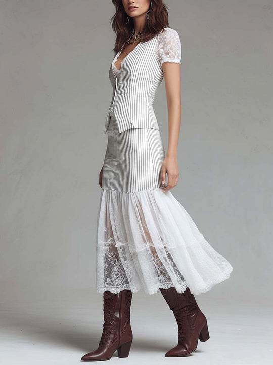 Classic Pinstripe Lace-Panel Vest & Midi Skirt Set