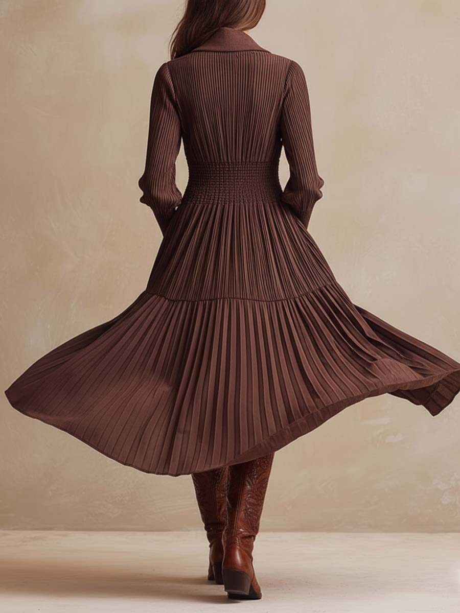 Smocked Pleated Zip-Front Midi Dress