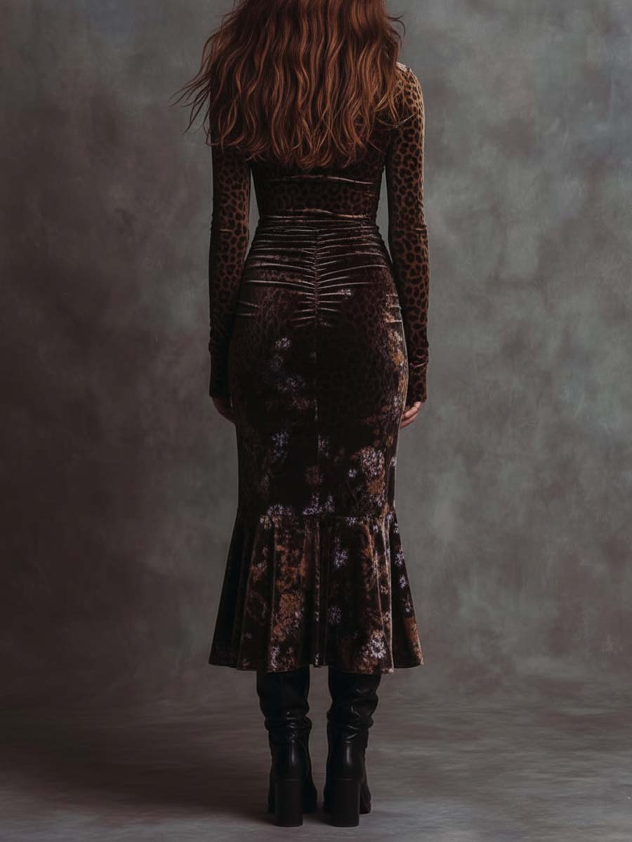 Retro Gothic Leopard Print And Floral Patchwork Velvet Maxi Dress