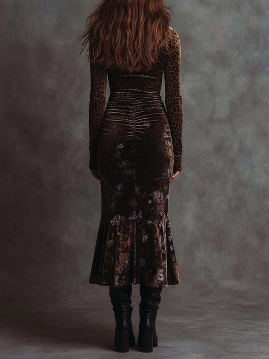 Retro Gothic Leopard Print And Floral Patchwork Velvet Maxi Dress