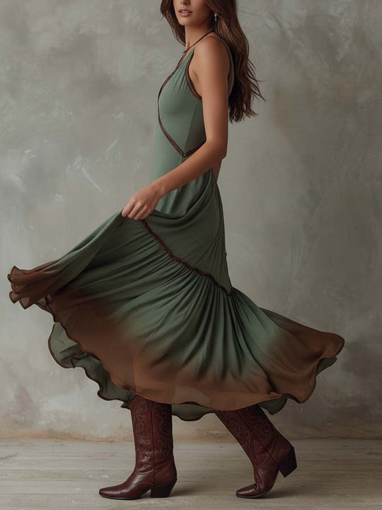 Boho Dip-Dyed Ruffled Hem Midi Dress