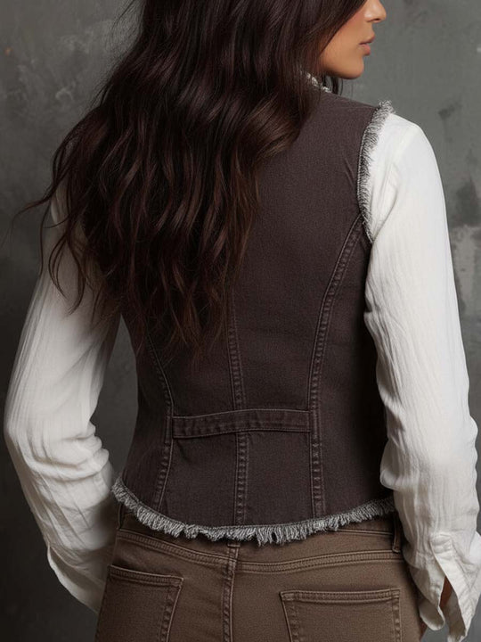 Vintage Washed Pure-Cotton Denim Vest