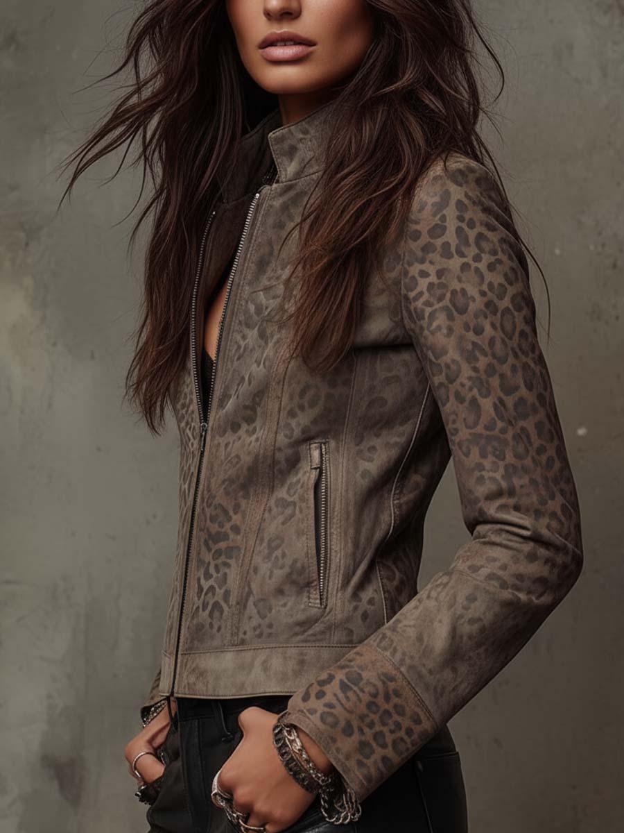 Vintage Leopard-Print Eco-Suede Jacket