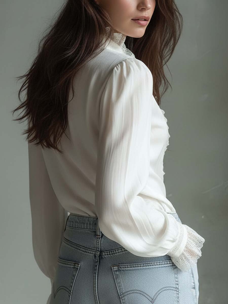 Romantic Ruffled Lace Blouse – Ivory White