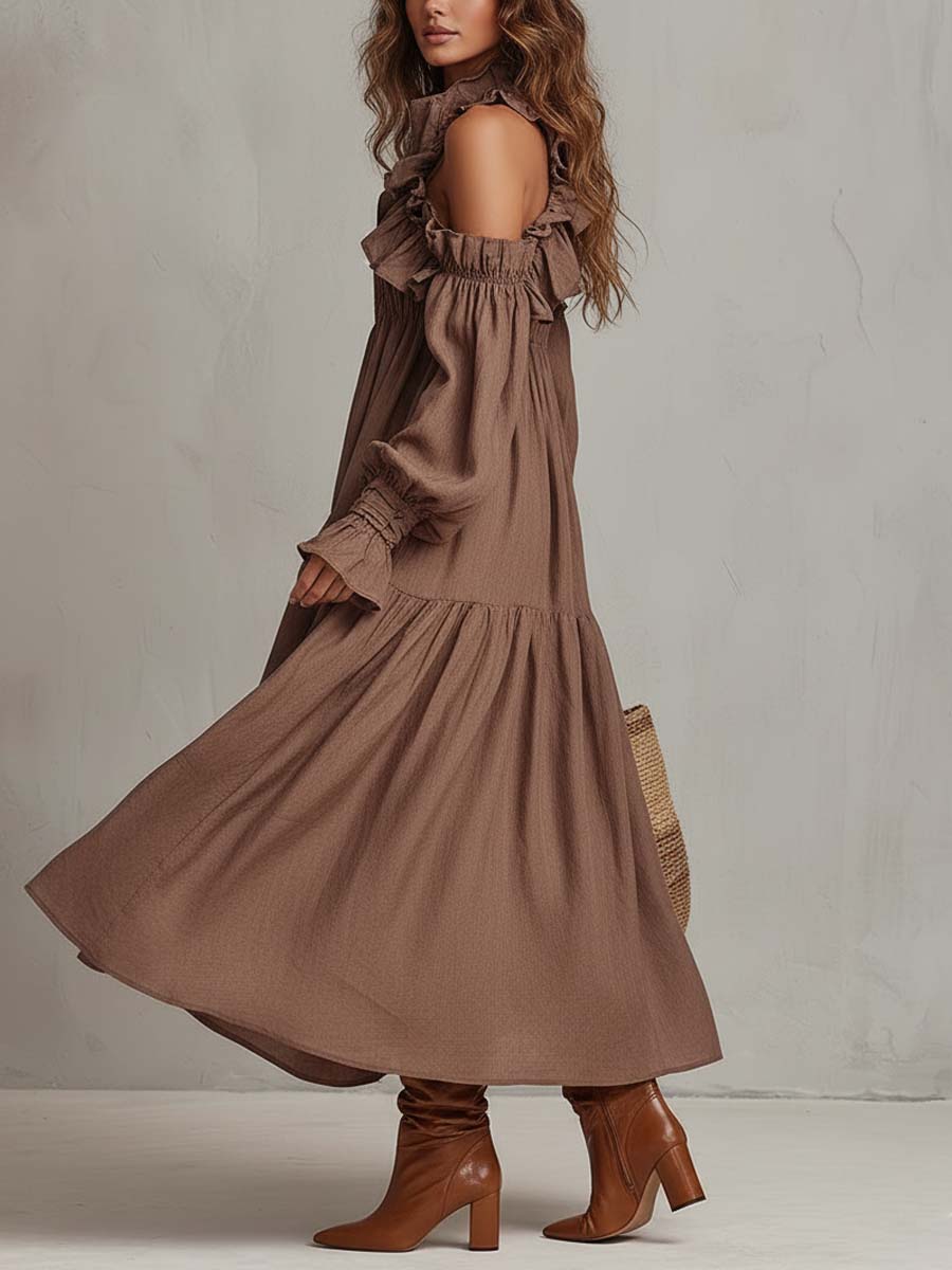 Ruffled Off-Shoulder Viscose–Linen Maxi Dress