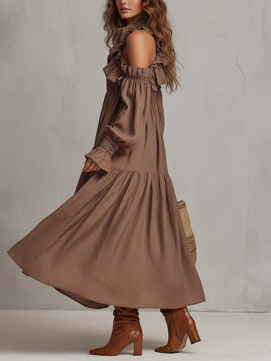 Ruffled Off-Shoulder Viscose–Linen Maxi Dress