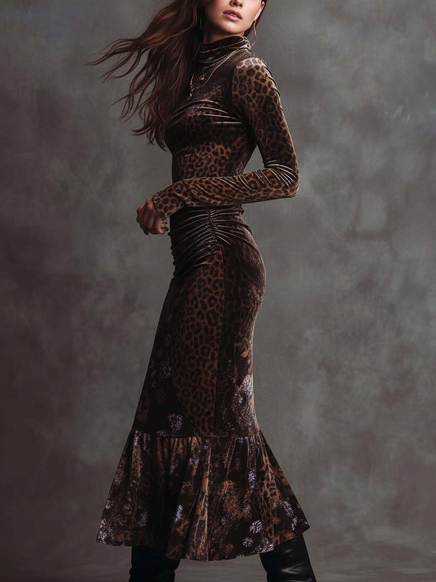 Retro Gothic Leopard Print And Floral Patchwork Velvet Midi Dress