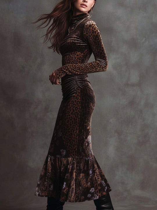 Retro Gothic Leopard Print And Floral Patchwork Velvet Midi Dress