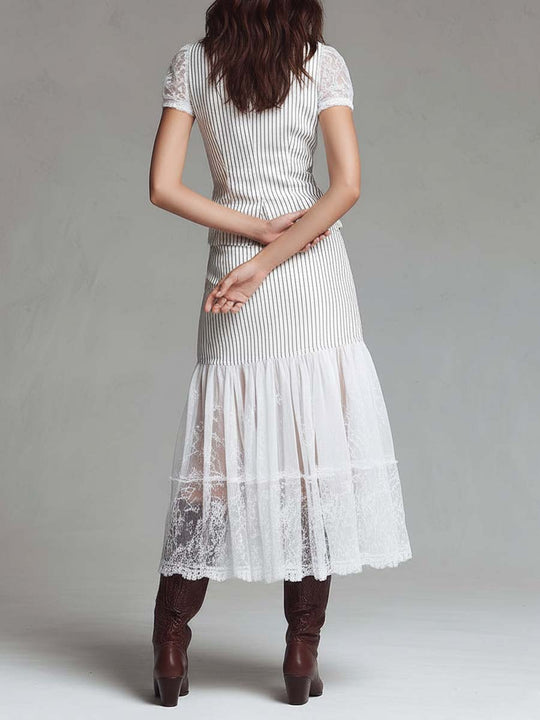 Classic Pinstripe Lace-Panel Vest & Midi Skirt Set