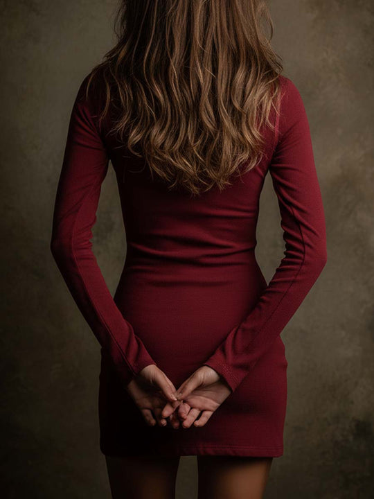 Embroidered Zip-Neck Fitted Knit Mini Dress