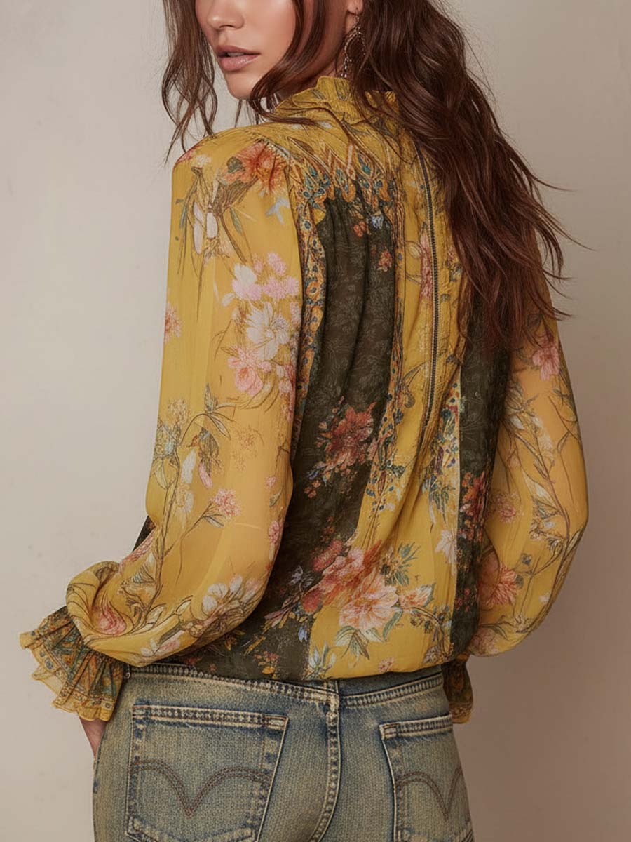 Zip-Front Ruffled Floral Chiffon Blouse