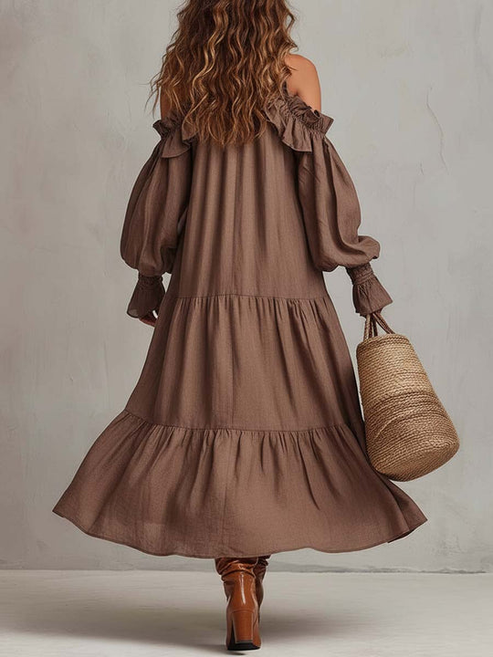 Ruffled Off-Shoulder Viscose–Linen Maxi Dress
