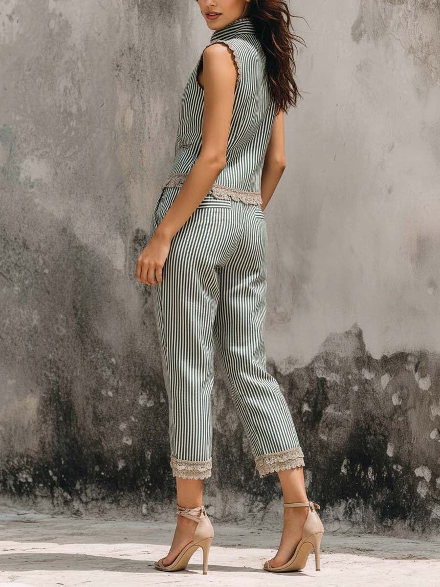 Classic Beige Green Striped Vest & Cropped Pants Two-Piece Set