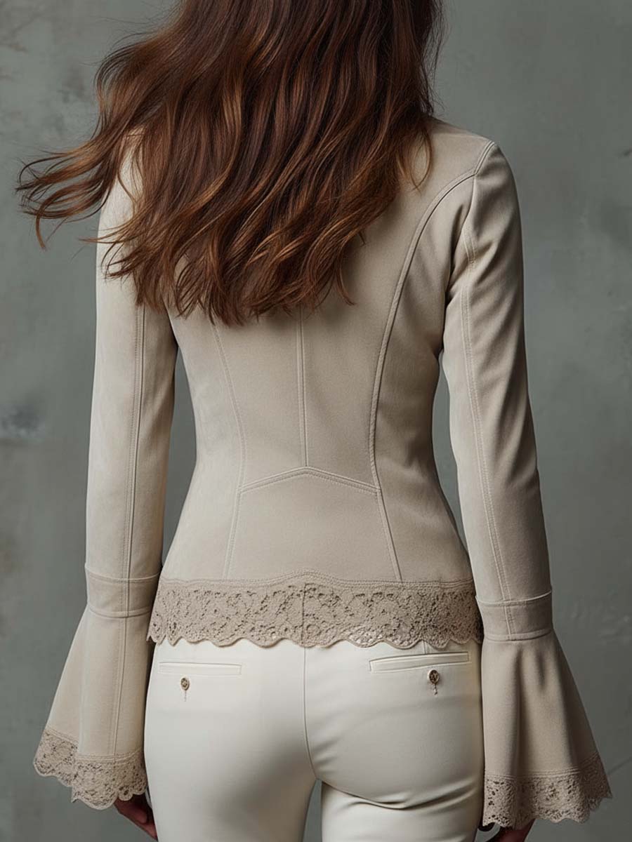 Lace-Trimmed Eco-Suede Fitted Jacket In Ivory Beige