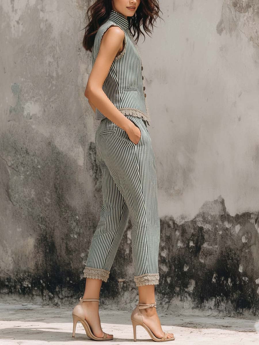 Classic Beige Green Striped Vest & Cropped Pants Two-Piece Set