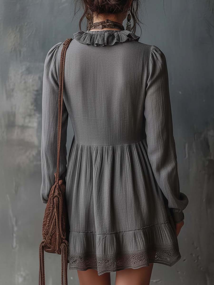 Ruffled V-Neck Cotton-Linen Mini Dress