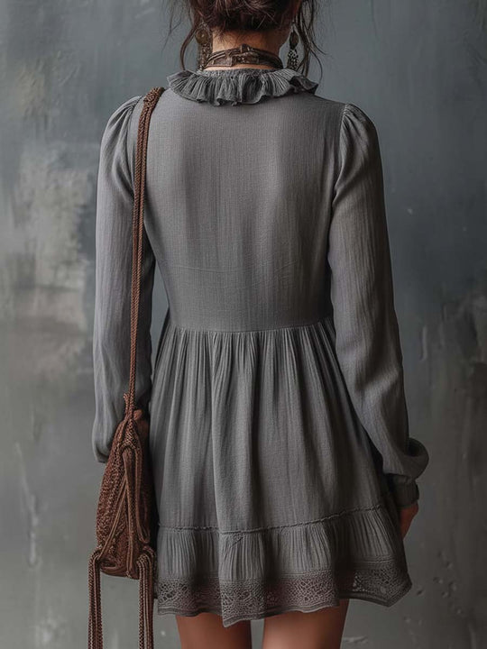 Ruffled V-Neck Cotton-Linen Mini Dress