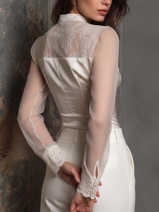 Elegant Lace-Panel Satin Blouse With Sheer Sleeves