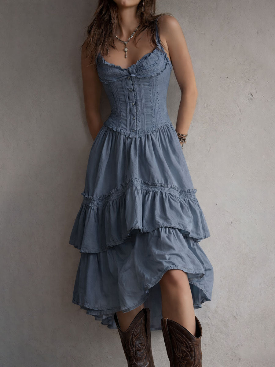 Retro Boho White Corset Tiered Midi Dress With Lace-Trim