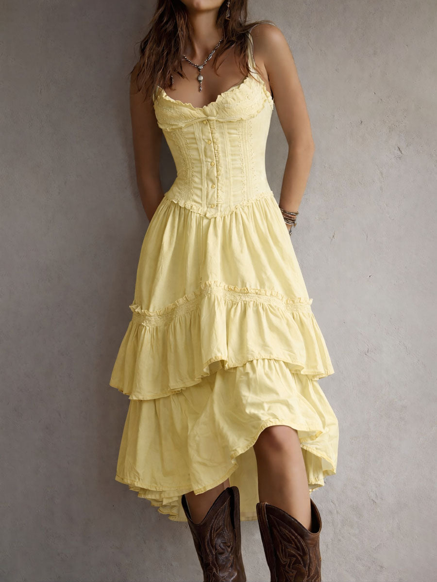 Retro Boho White Corset Tiered Midi Dress With Lace-Trim