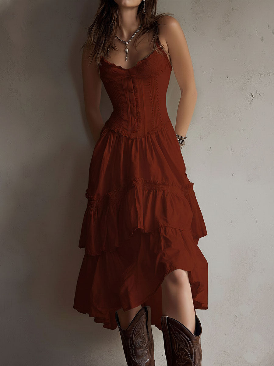 Retro Boho White Corset Tiered Midi Dress With Lace-Trim