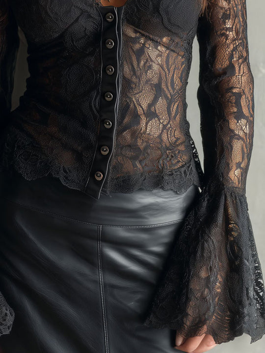 Elegant Black Lace Button-Front Blouse With Flared Sleeves