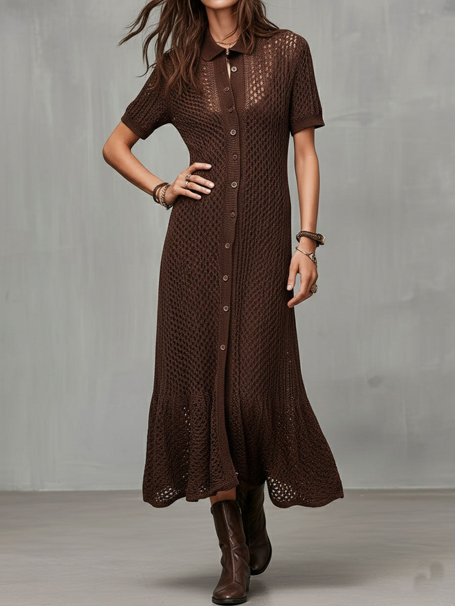 Quiet Luxury Chocolate Brown Crochet Knit Shirt Dress