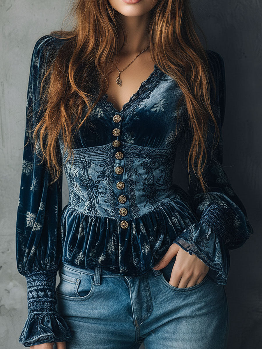 Vintage Blue Velvet Floral Print Corset Style Blouse