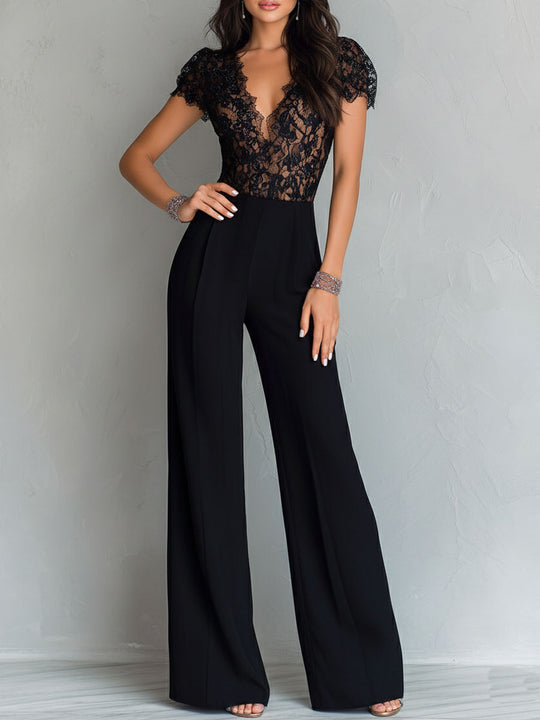 Retro Elegant Black Lace V-Neck Bodice Wide-Leg Jumpsuit